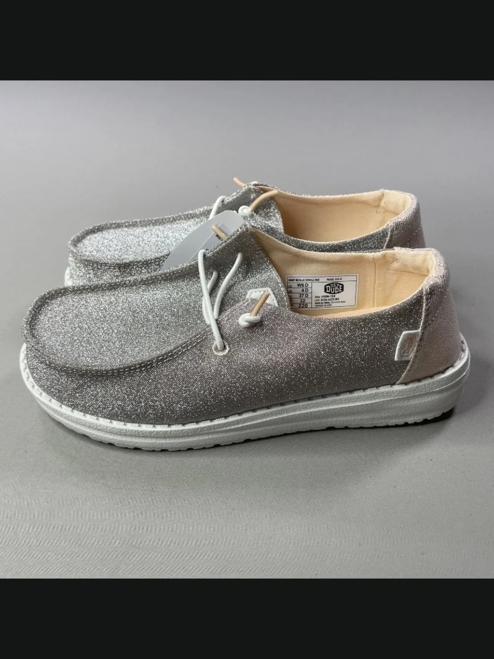 NEW Hey Dude Shoes Womens 6 rose pink gold sparkle Wendy slip on beach casual